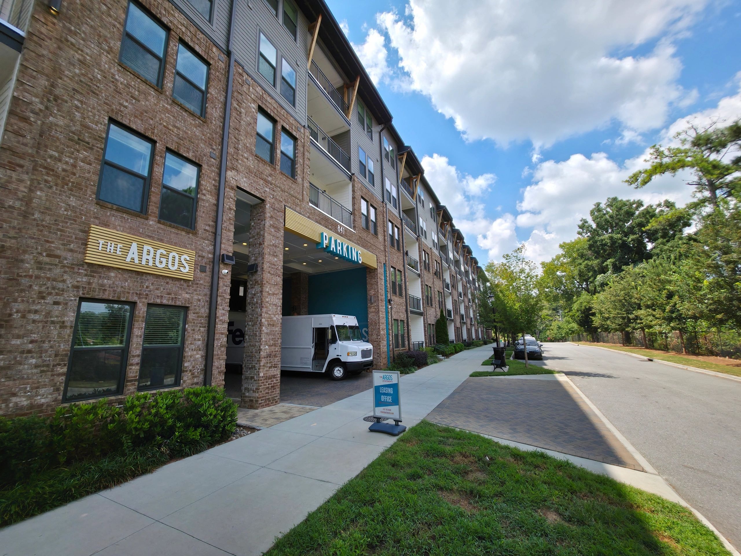 Mixed-use building brick facade